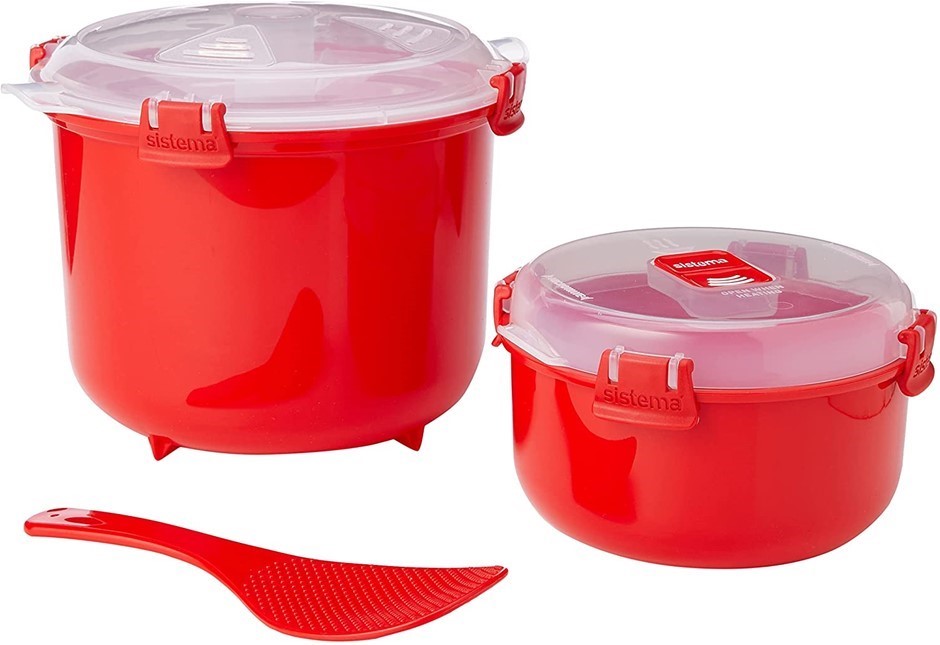 SISTEMA Microwave Rice Cooker, 2.6L, and Round Microwave Food , 915ml, Red/