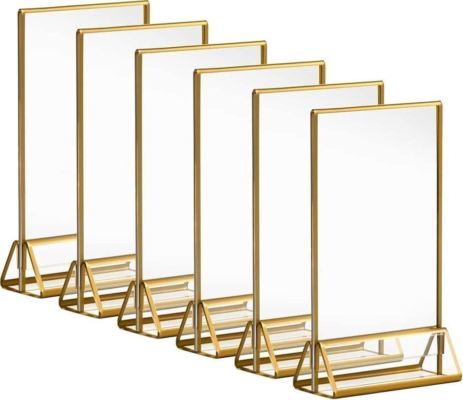 ACRYLIC Gold Sign Holders, 4x6 Clear Picture Frames with Gold Borders and V
