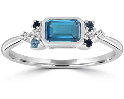 9K WHITE GOLD 0.05CT HI I1 DIAMOND BRACELETUE TOPAZ RING