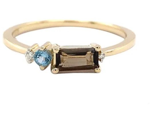 9K Yellow Gold 0.02ct HI SI DIAMOND SMKY&BRACELETUE TPZ RING