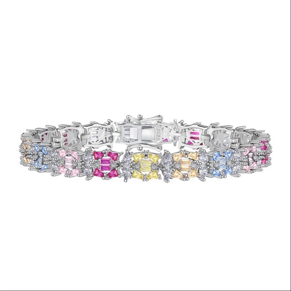 Multi Colour Simulated Diamonds 925 Sterling Silver Tennis Bracelet-16cm