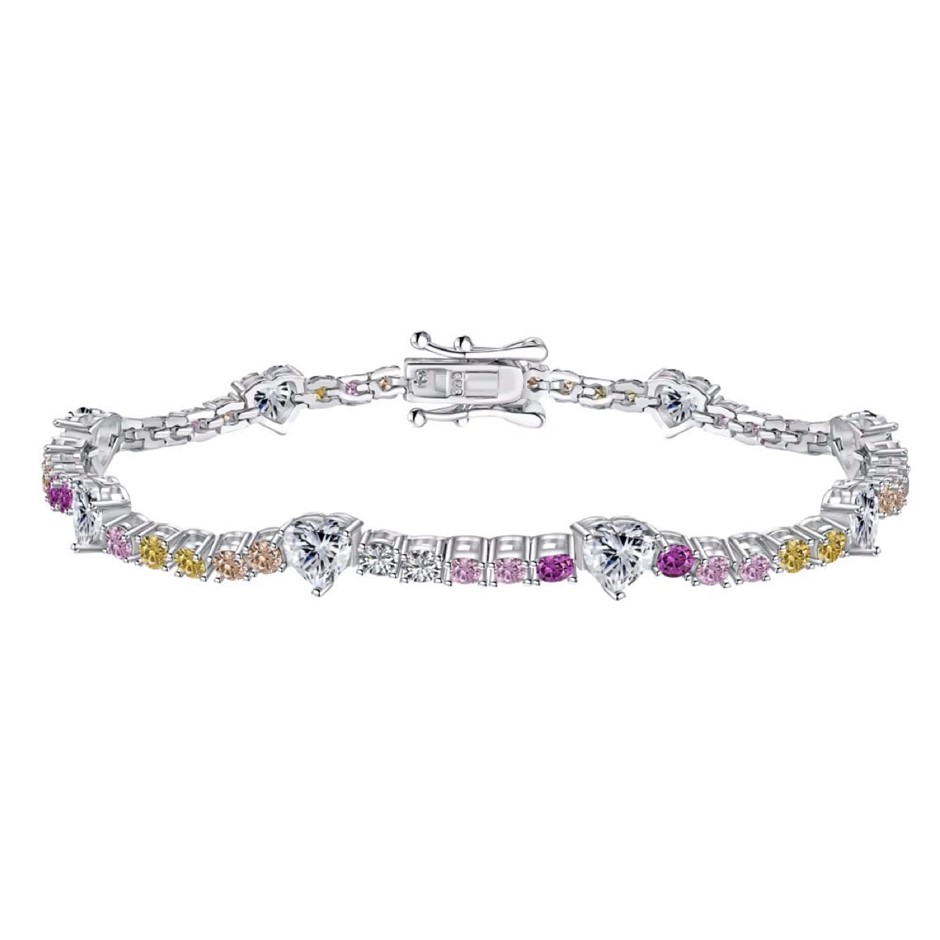 Heart Multi Colour Simulated Diamonds 925 Sterling Silver Tennis Bracelet