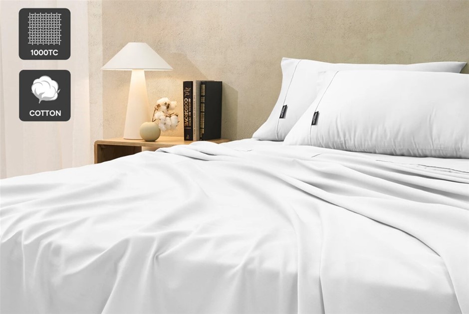 SHERATON Luxury 1000TC Cotton Rich Bed Sheet Set (White, Queen)