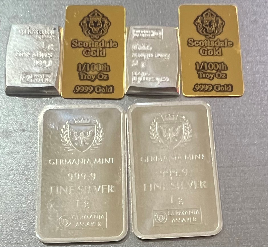 1/100 Scottdale gold bar x 2, 1g Valcumbi Silver x 2 & 1 Gram Germ  Bar x 2