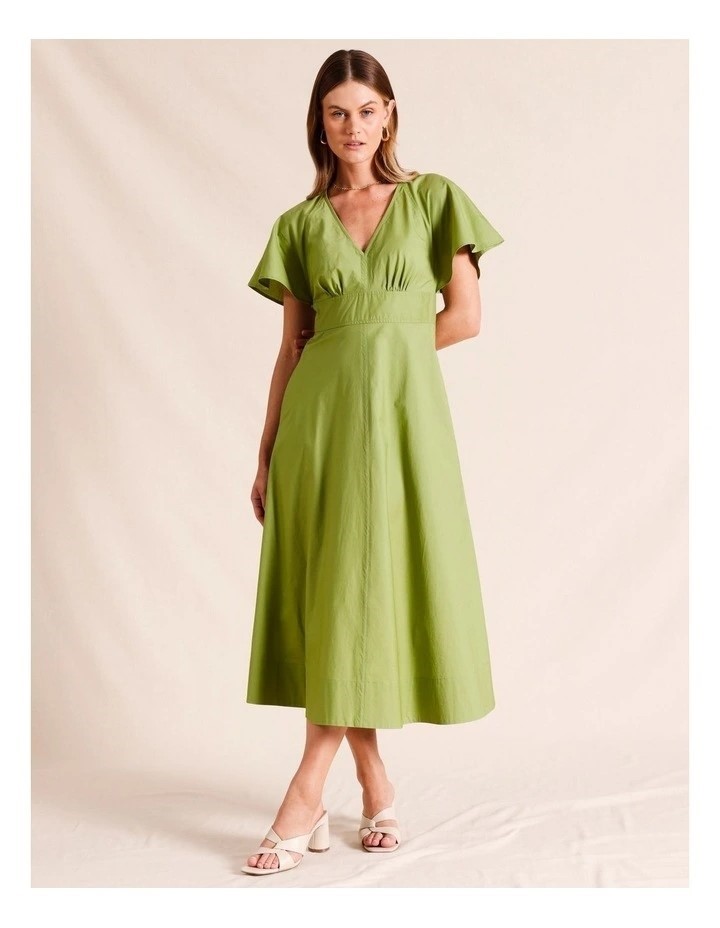 PIPER Fluted Poplin Midi Dress. Size 10. Green. Buyers Note - Discount Fre
