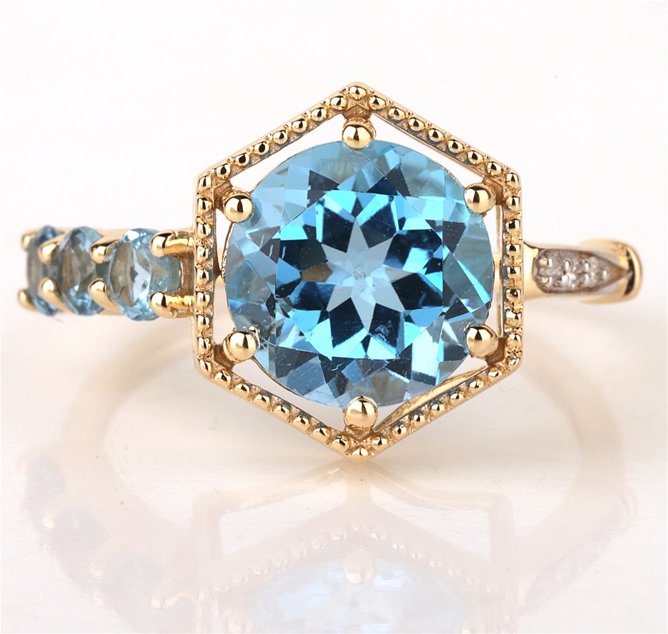 Yellow Gold Natural Swiss Blue Topaz & Diamond Ringwith Valuation
