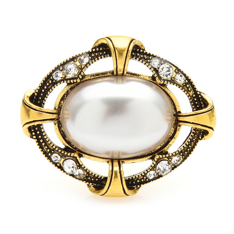 Designer Simulated Diamond & Pearl Antique Look Brooch Pin in Gold