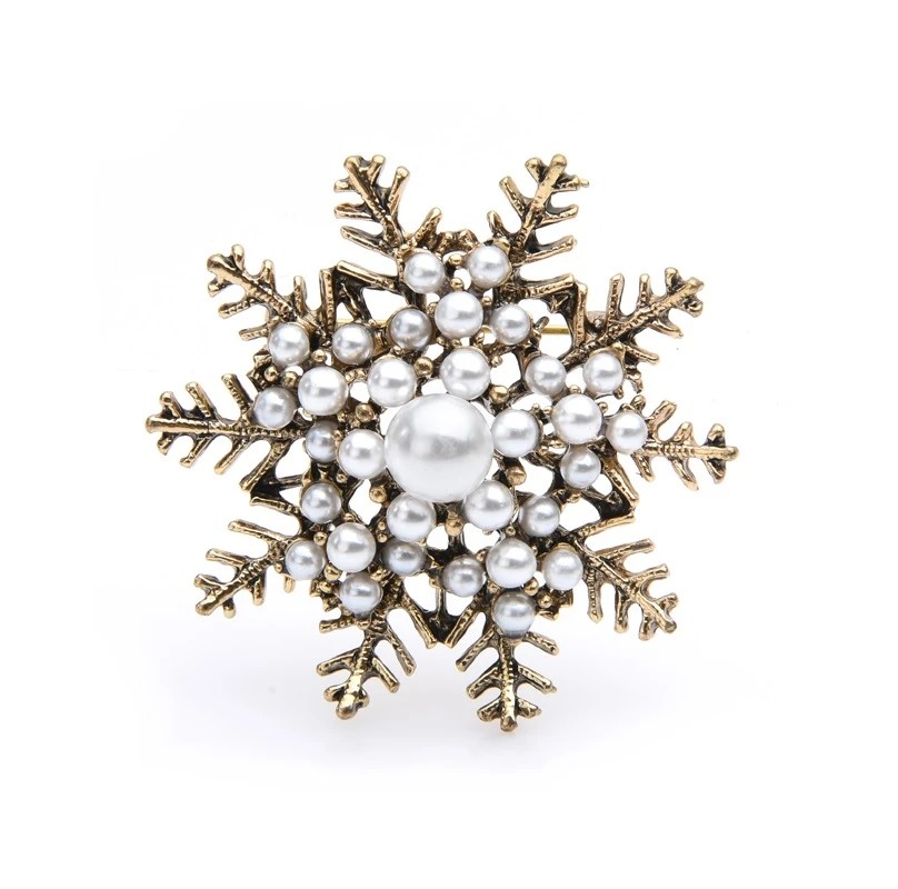 Designer Simulated Diamond & Pearl Snowflake Brooch Pin in Gold and White