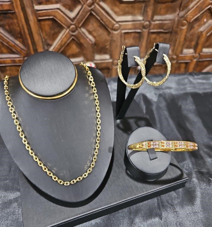 3pcs x 18K/Italy Stamped Yellow Gold Filled Chain & Bangle & Earring