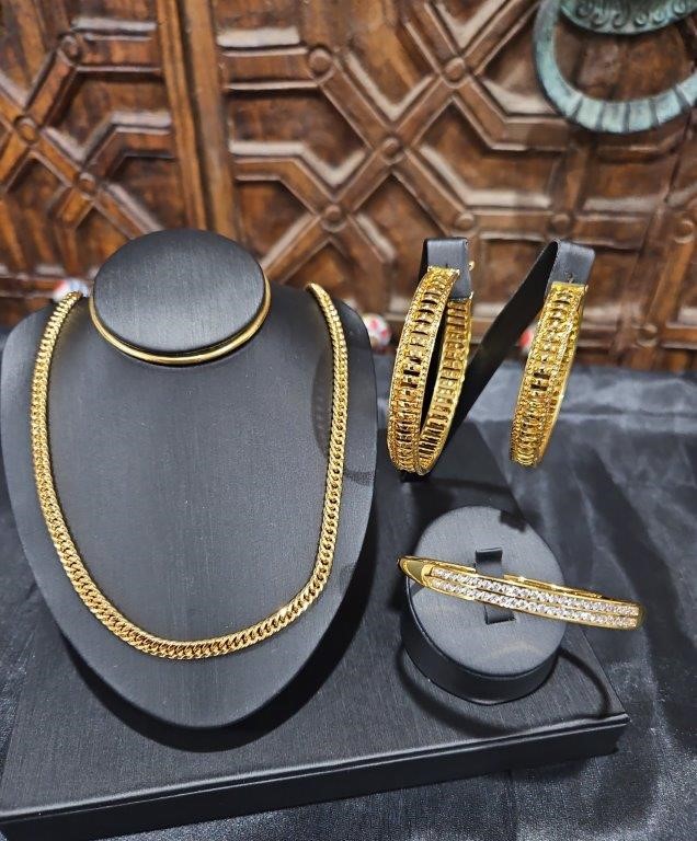 3pcs x 18K/Italy Stamped Yellow Gold Filled Chain & Bangle & Earring