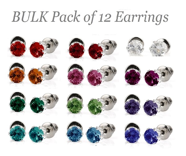 BULK PACK - 12 x Pairs of Birthstone Coloured 5mm Earrings -Gift Idea!