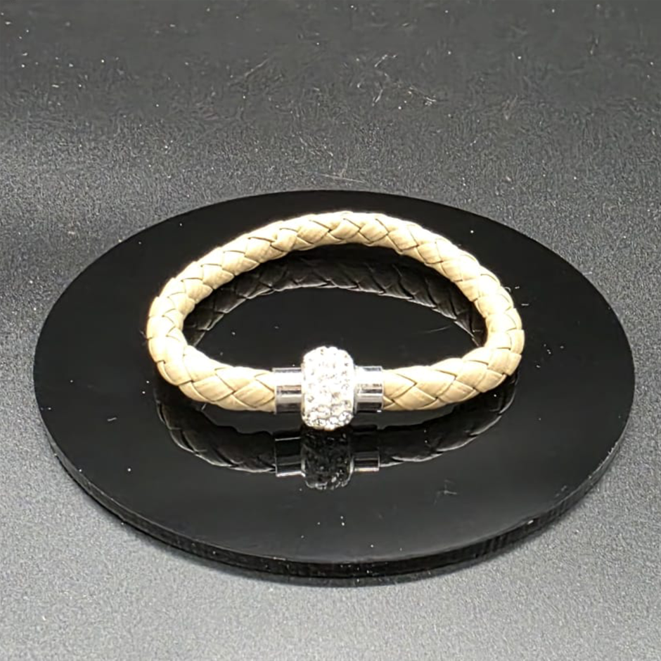 Designer Simulated Diamond Ball Bracelet with Braided Tan Band