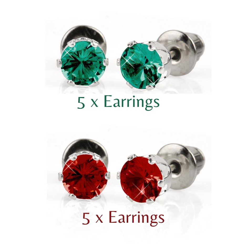 BULK PACK - 10 x 5mm Christmas Earrings (5 x Green, 5 x red) Gift Idea