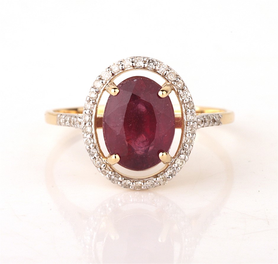 Yellow Gold Natural Ruby & Diamond Ring with Valuation
