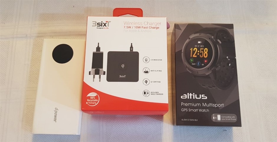 d power PB , 3 sixT wireless Charger and Altius Smart Watch , New not fully