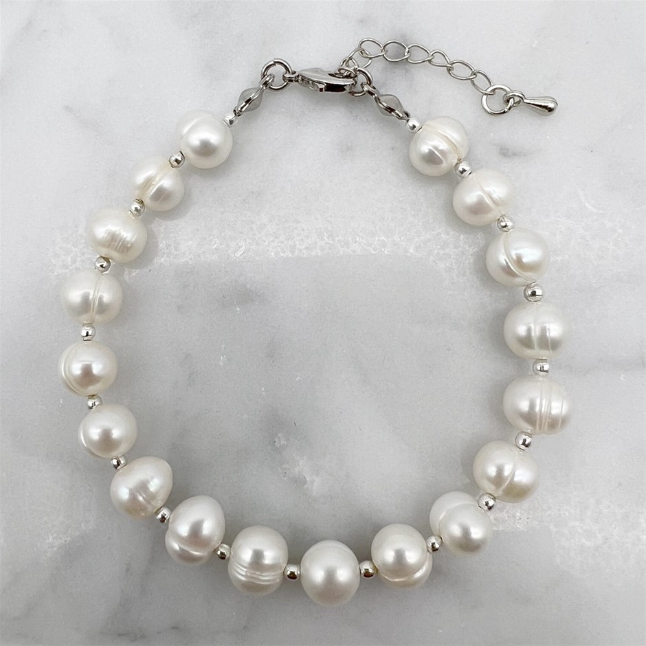 7-8mm White Pearls & Spacer Beads Platinum Plated Bracelet