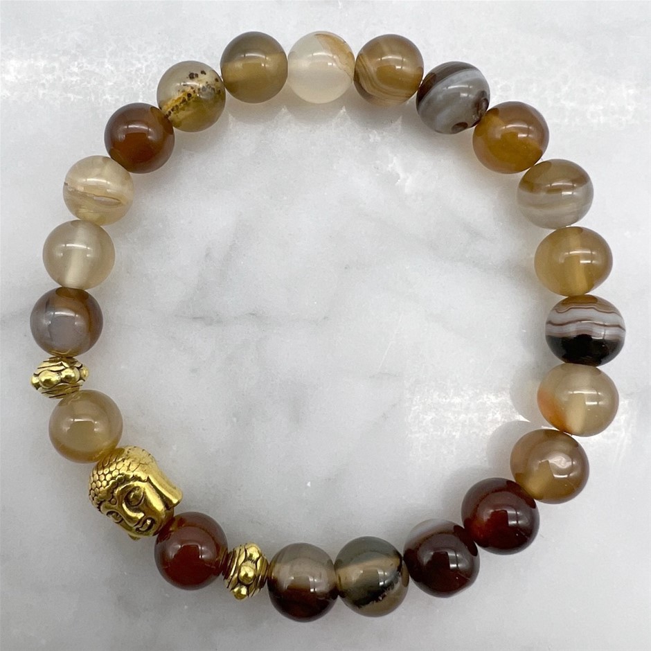 8mm Brown Stripey Agate & Antique Gold Buddha Charm Beaded Bracelet
