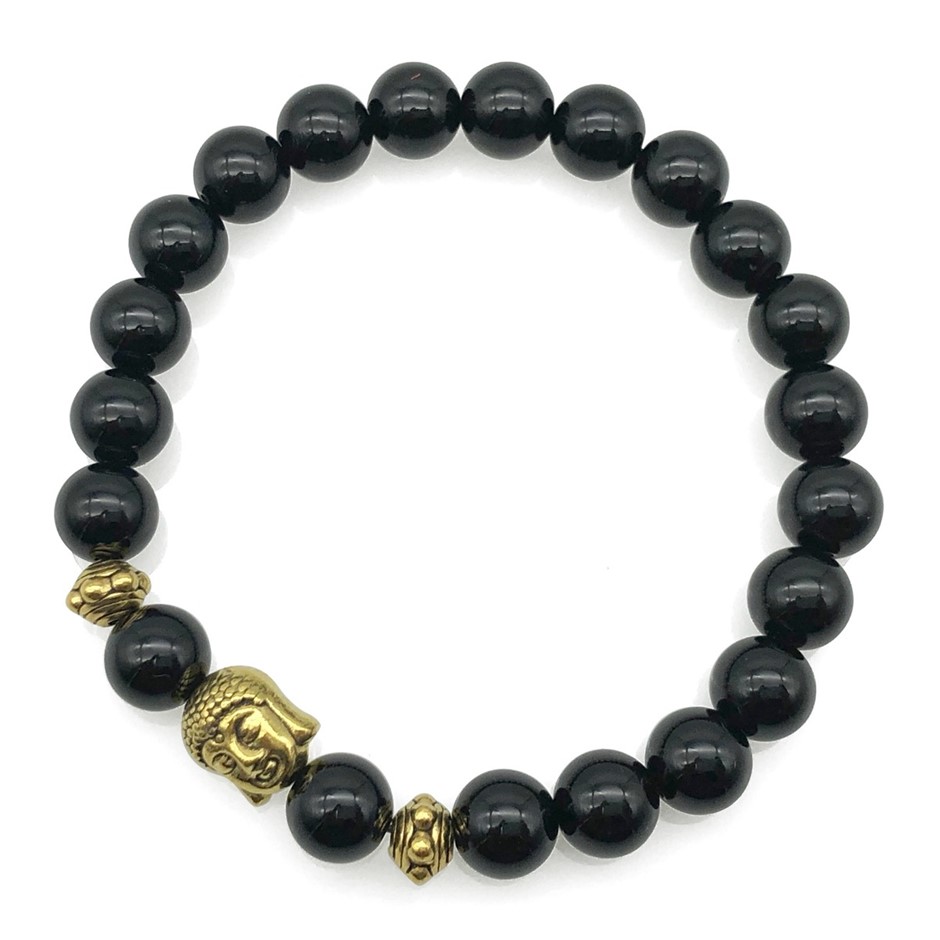 8mm Black Agate & Antique Gold Buddha Charm Beaded Bracelet
