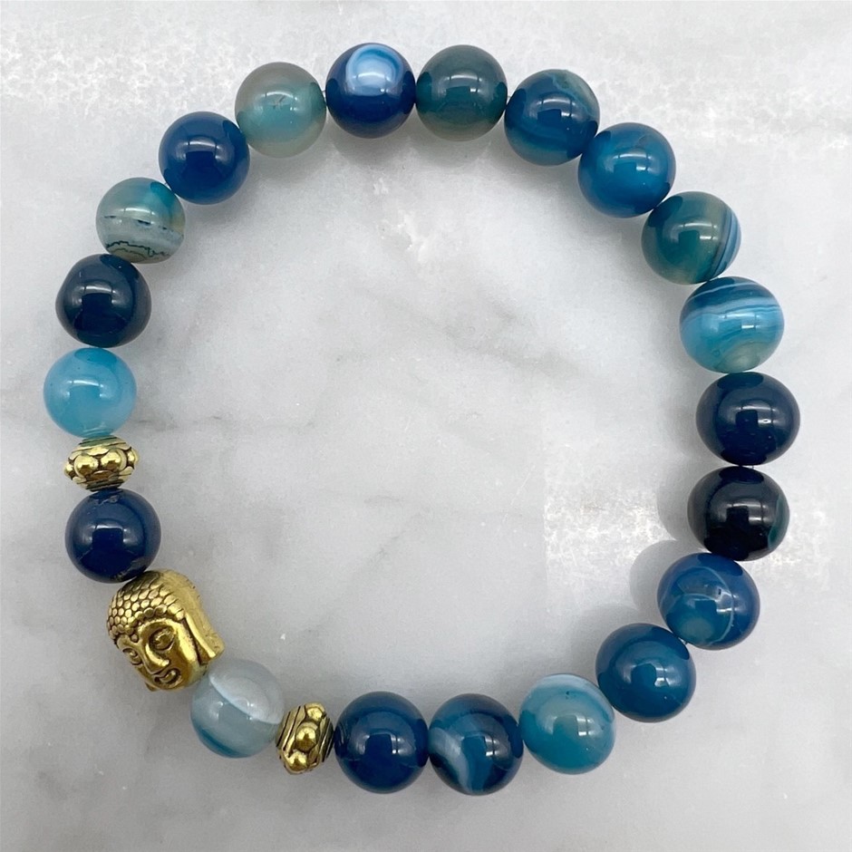 8mm Blue Stripey Agate & Antique Gold Buddha Charm Beaded Bracelet