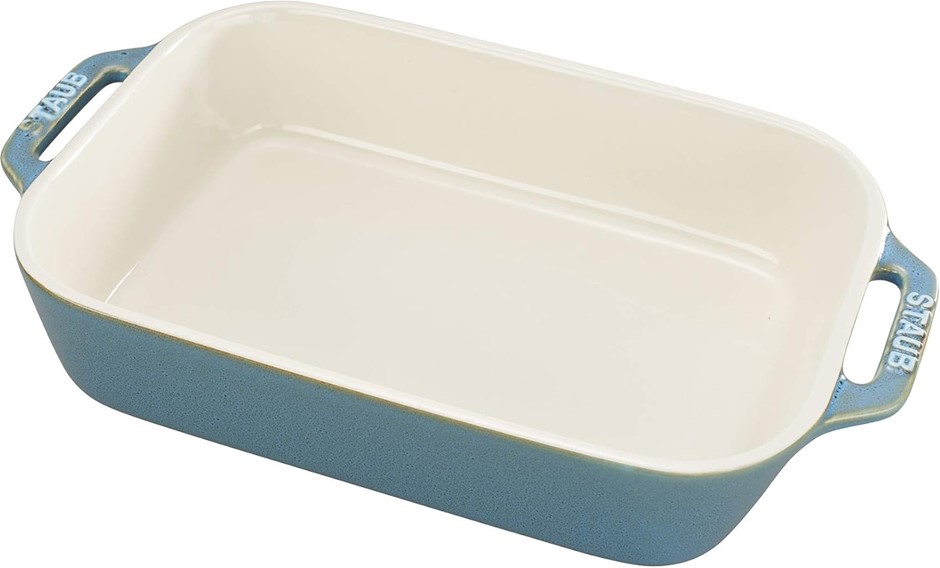 STAUB Ceramics Rectangular Baking Dish, 10.5 x 7.5-inch, Rustic Turquoise.