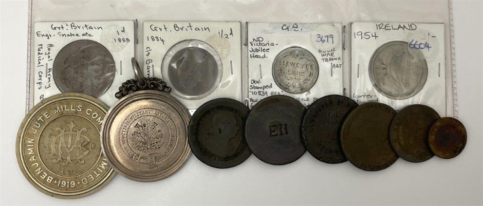 12 x Asst British counterstamped coins, florin and medallions
