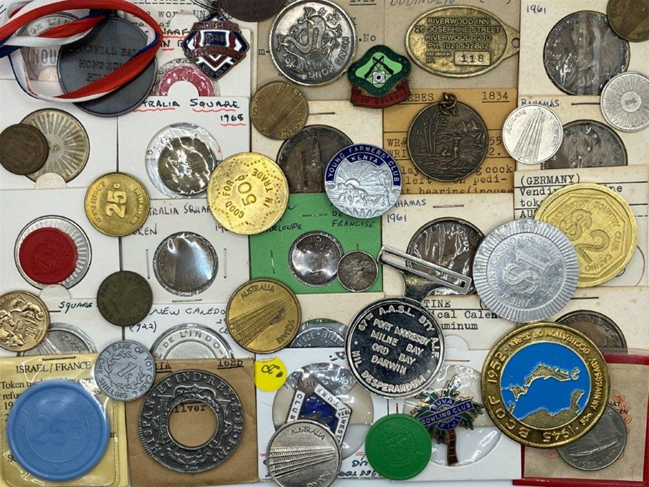 Approx. x53 Asstd World Tokens & Checks  - HK, AU, IN, SA, FJ & others