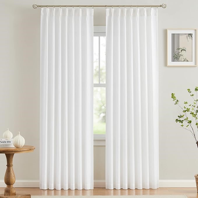 Vision Home White Pinch Pleated Semi Sheer Curtains Textured Light Filterin