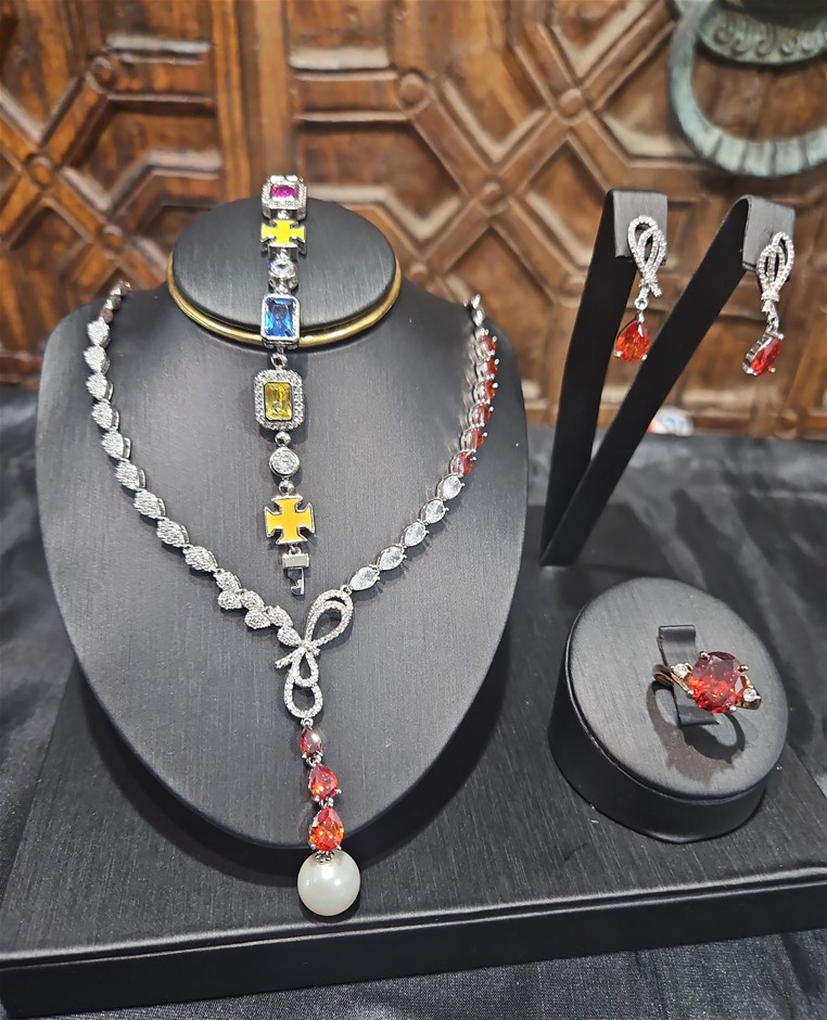 4pcs x 18K Stamped White Gold Filled Bangle & Ring & Earring & Necklace