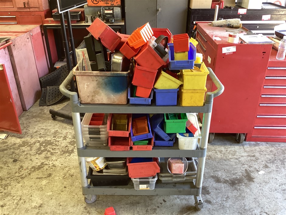 Cleaners Trolley And Various Storage Containers, Large Amount