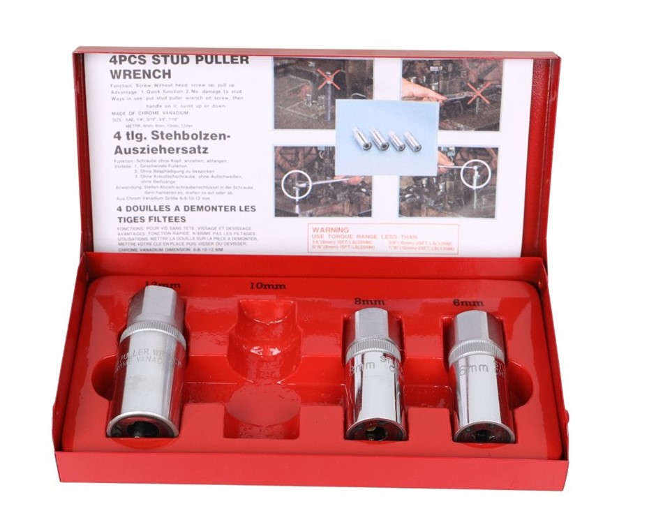 3 x Stud Puller Wrench Sockets, 6mm, 8mm and 12mm in Metal Case.