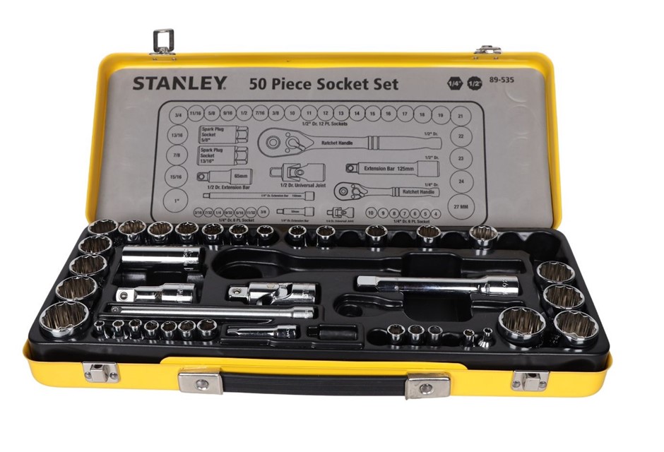 STANLEY 50pc 1/2" & 1/4" Drive Socket Set. NB: Missing Ratchet Handles, 8 x