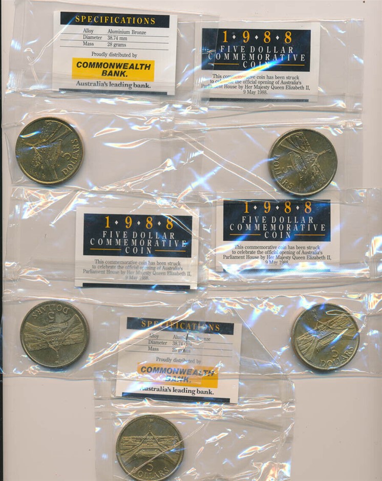 Australia: 1988 $5 Parliament House, Lot of 5 LARGE Commonwealth Bank Packe