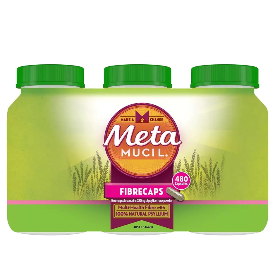 METAMUCIL Fibrecaps 480 Capsules. NB: Best before 11/2027. 2x lids missing