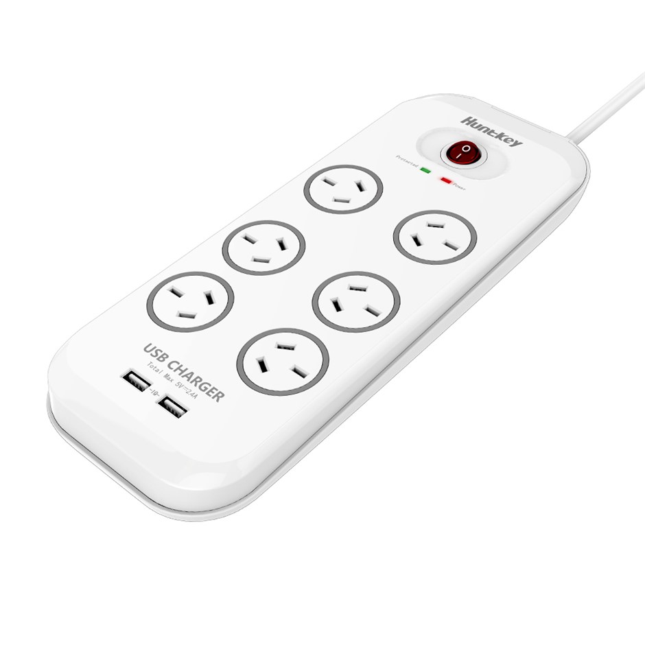2 x HUNTKEY 6-Outlet Surge Protector with 2 x USB Charging Ports, Model SAC