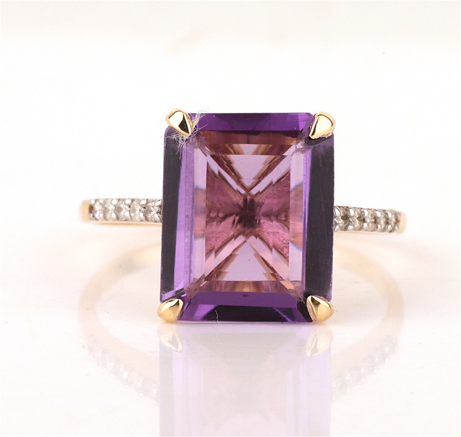 Yellow Gold Natural Amethyst & Diamond Ring with Valuation
