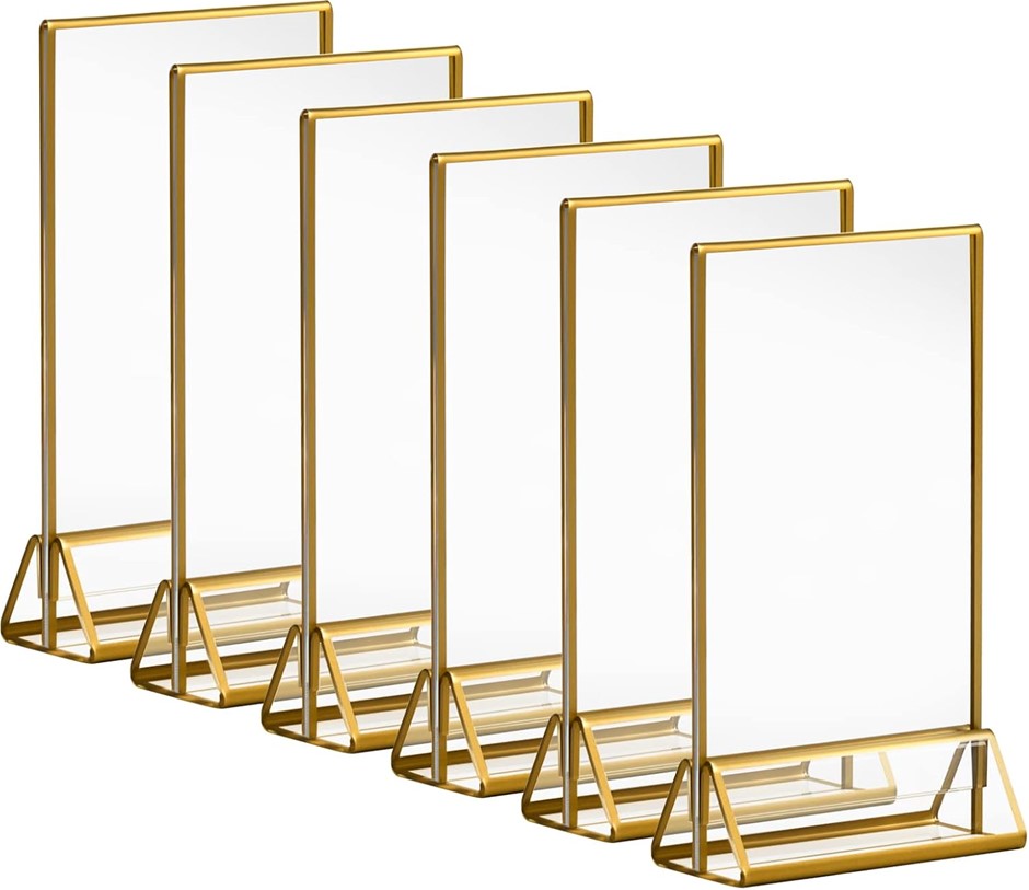 ACRYLIC Gold Sign Holders, 4x6 Clear Picture Frames with Gold Borders and V