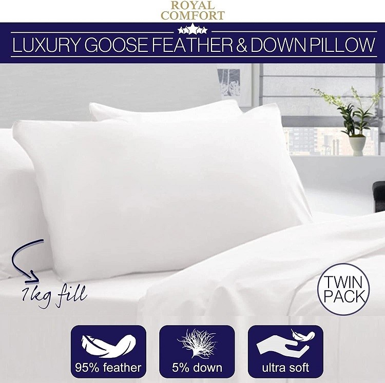 2 x ROYAL COMFORT Luxury Goose Feather & Down Pillow, 2pk, White.