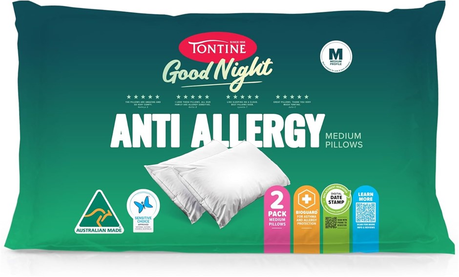 2 x TONTINE Goodnight Anti Allergy Medium Pillow, 2pk. NB: Slightly Damaged