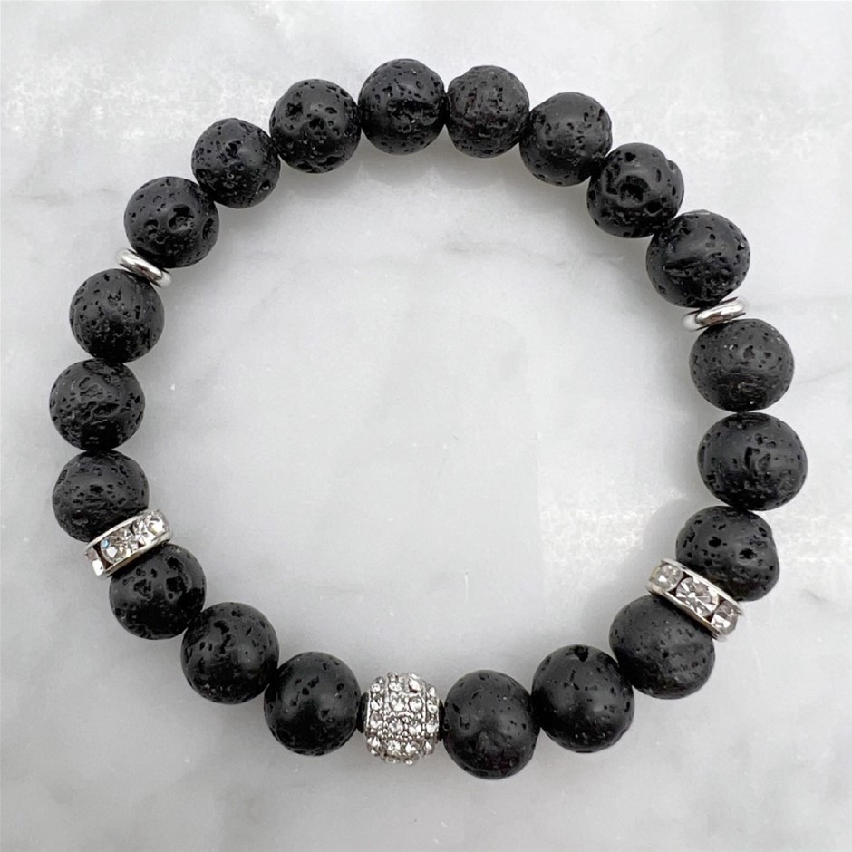 8mm Black Lava with Rhinestones Platinum Plated Beaded Bracelet