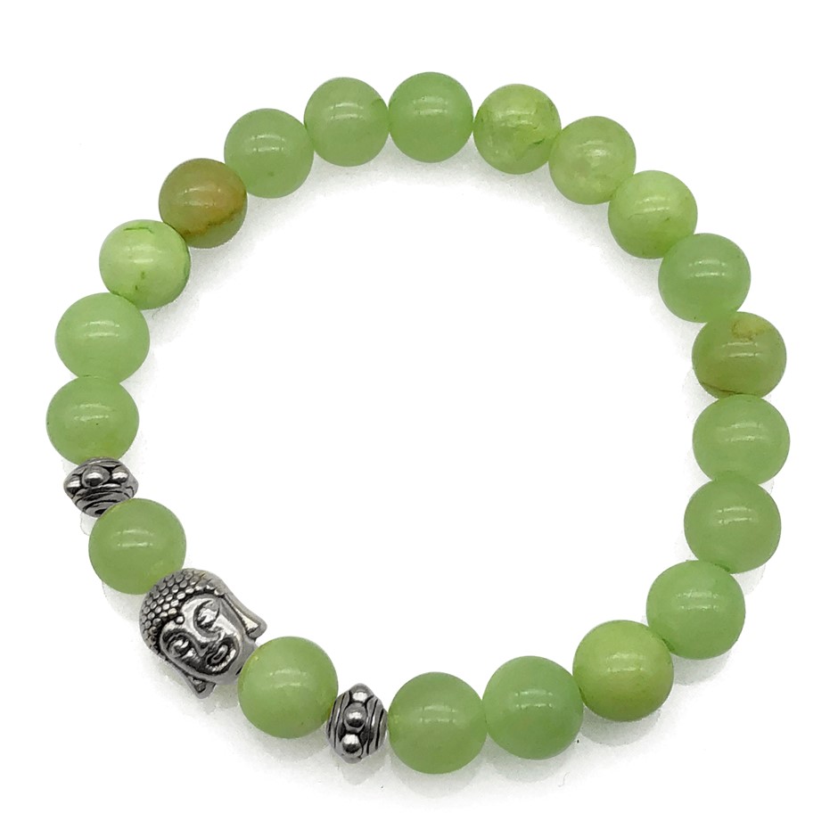 8mm Flower Jade & Antique Silver Buddha Charm Beaded Bracelet