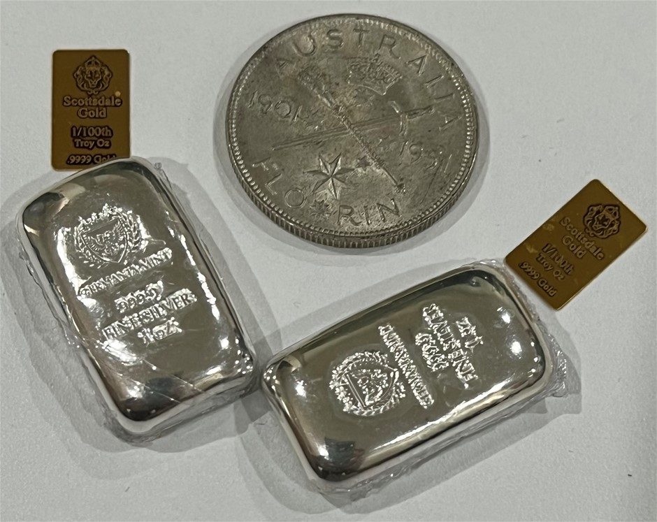 Gold Bar x 2 /Silver Bar x 2 / Silver Pre decimal coin x 1
