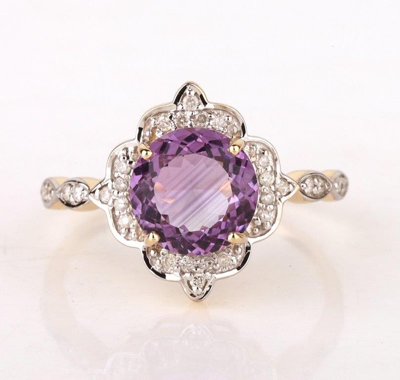 Yellow Gold Natural Amethyst & Diamond Ring with Valuation