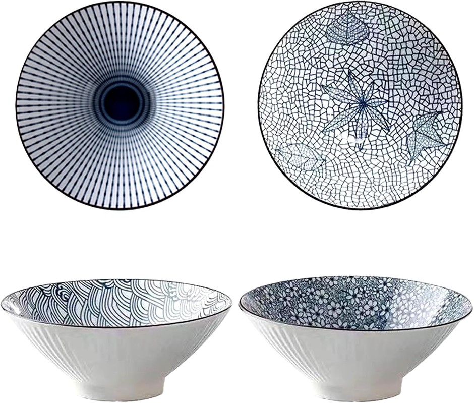 38 Ounce Japanese Ramen Bowls Set of 4 Blue and White Ceramic Cereal Bowls