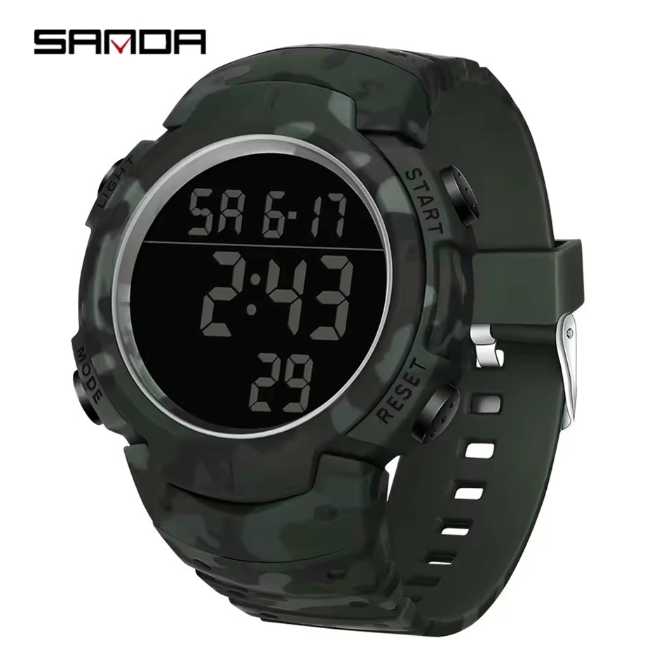 SANDA Digital Single Display Sports Camo Watch, 50m Water Resistant, Green/