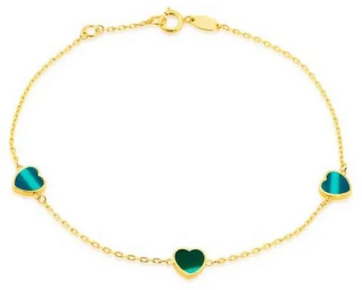 9K Yellow Gold MALACHITE HEART Bracelet 19cm