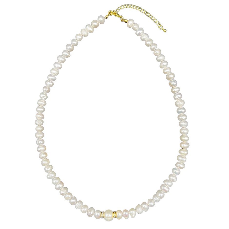 Mix Shape Large Central White Pearl & Rhinestone 18k Gold Plated Necklace