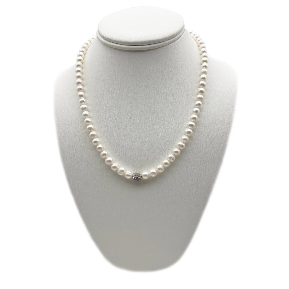 7-8mm White Pearl & Rhinestone Real Platinum Plated Necklace