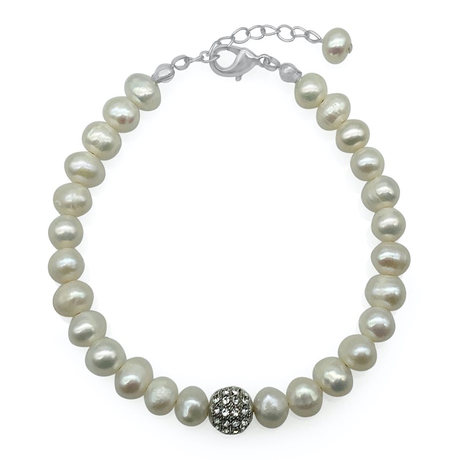 7-8mm White Pearl & Rhinestone Real Platinum Plated Bracelet