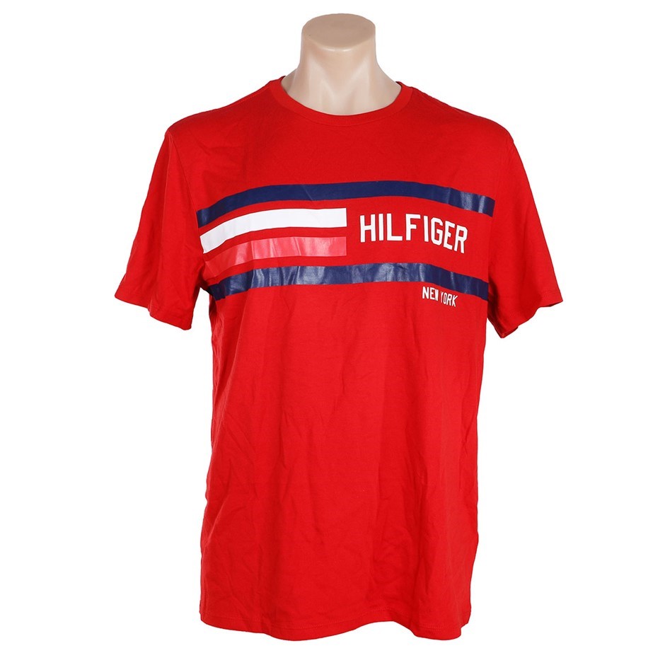 TOMMY HILFIGER Men's Logo Stripe Tee, Size M, 100% Cotton, Apple Red (600).