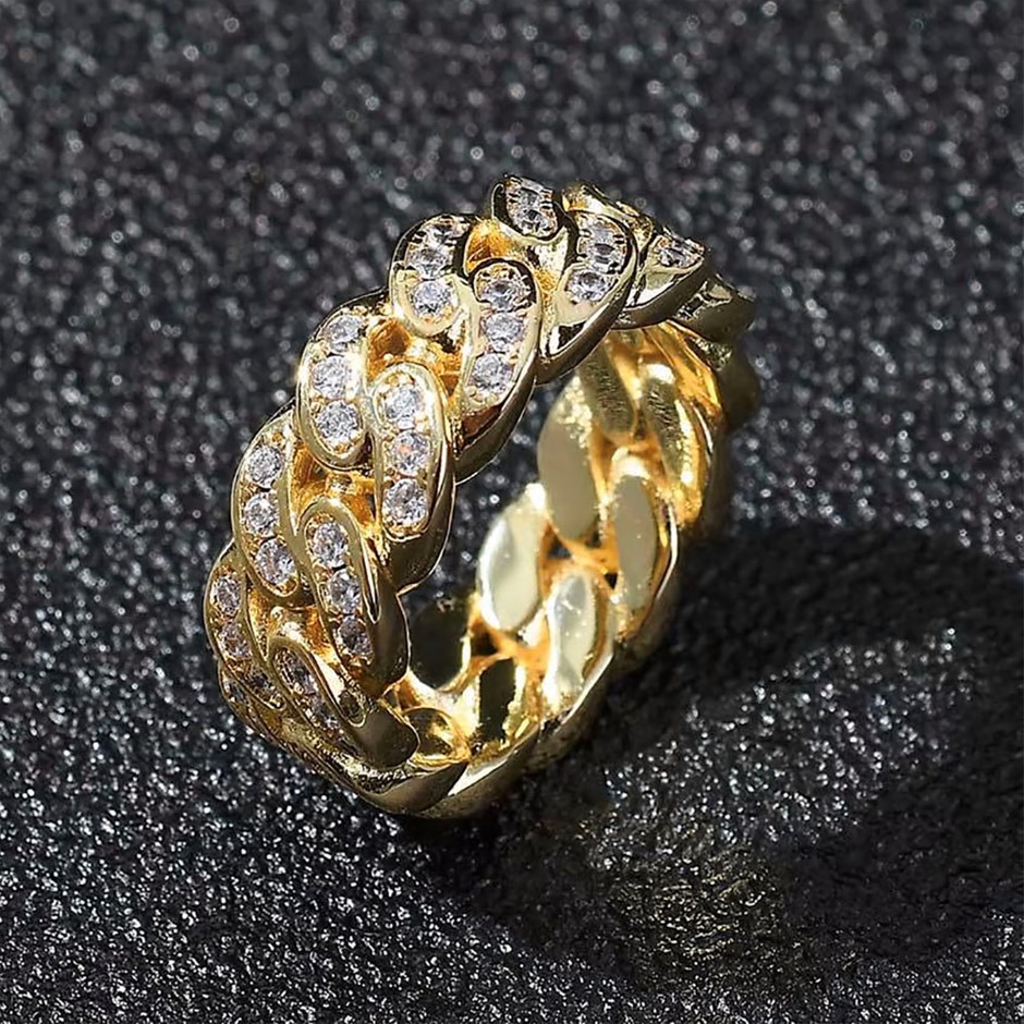 18K Gold-Filled Cuban Style Link Ring with Simulated Diamonds - Size 10